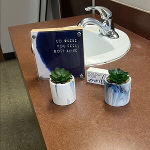 Blue and White Ceramic Planters with Inspirational Plaque